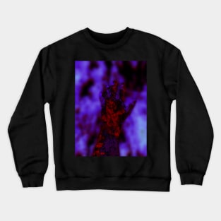 Digital collage and special processing. Psychedelic. Hand reaching on top of some bizarre surface. Hand falling apart. Red, blue. Crewneck Sweatshirt